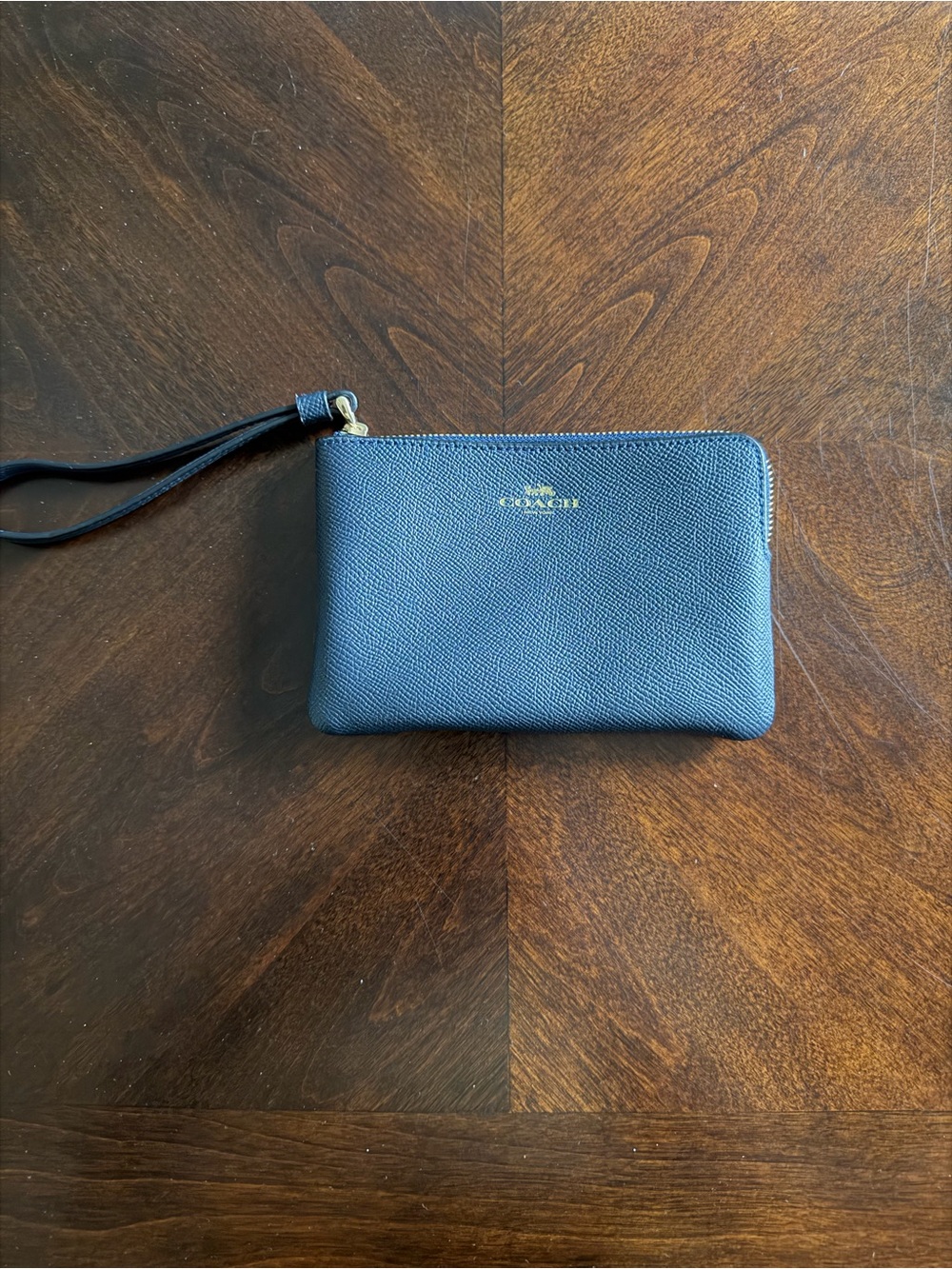 Coach Navy Leather Zip Wristlet with Gold Logo